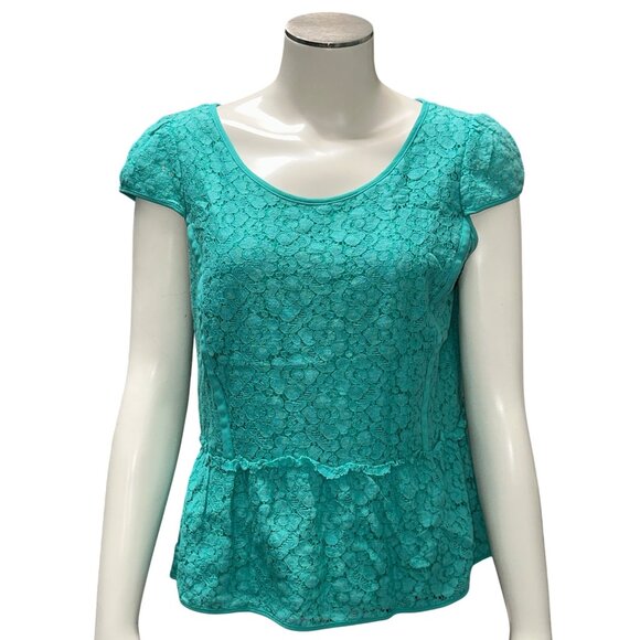 Ann Taylor Size 4 Turquoise Lace Peplum Blouse Chic Romantic Fit Floral Overlay - Picture 2 of 13